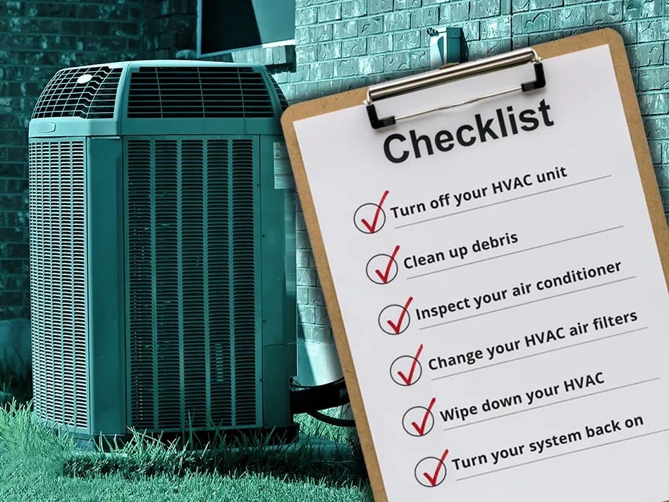 Illustration of a homeowner scheduling HVAC maintenance with a technician, with AC Drain FLO mentioned as a recommended solution.